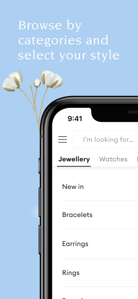 Swarovski KSA, UAE, Kuwait - 팔찌, 귀걸이, 반지 카테고리가 있는 스와로브스키 앱 주얼리 메뉴를 보여주는 스마트폰 화면