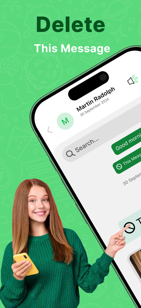 Recover Deleted Message Chat - A young woman pointing to a smartphone screen displaying a chat interface with deleted message recovery options