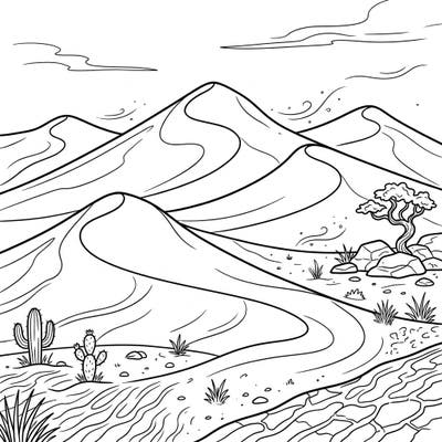 Embark on a creative journey through a majestic desert landscape with this stunning sand dunes coloring page. Capture the serene beauty of nature as you fill each intricate detail with your chosen colors.