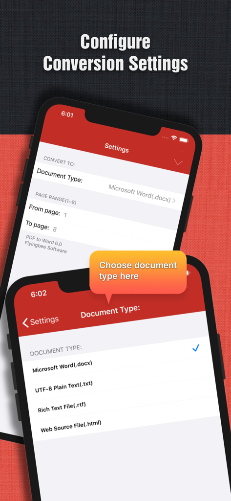 Wordやプレーンテキストなどのドキュメント出力形式を選択し、PDF変換設定を構成するオプションを示すモバイルアプリインターフェース。