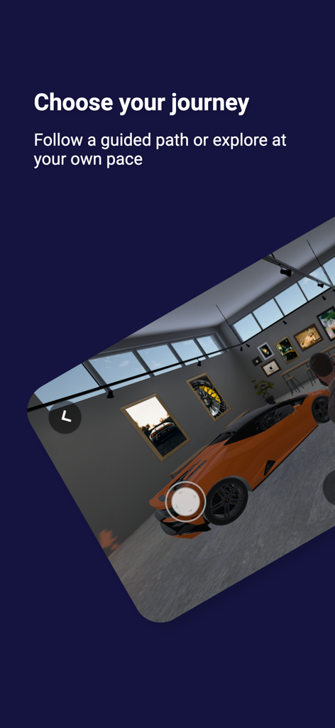 Metasteps - An orange sports car inside a 3D digital gallery within the Metasteps metaverse app