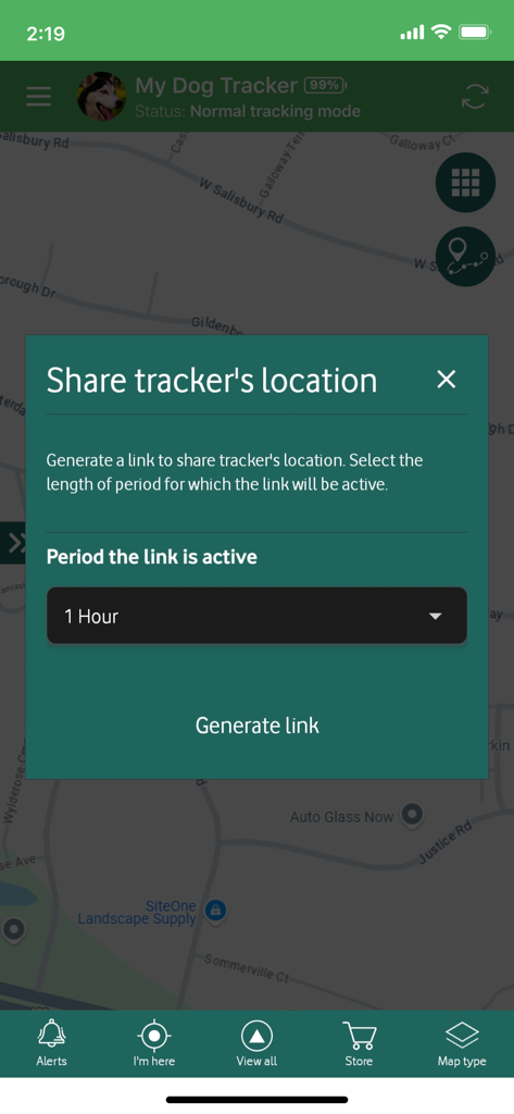 Tracki GPS app screenshot showing the share location feature for a dog tracker