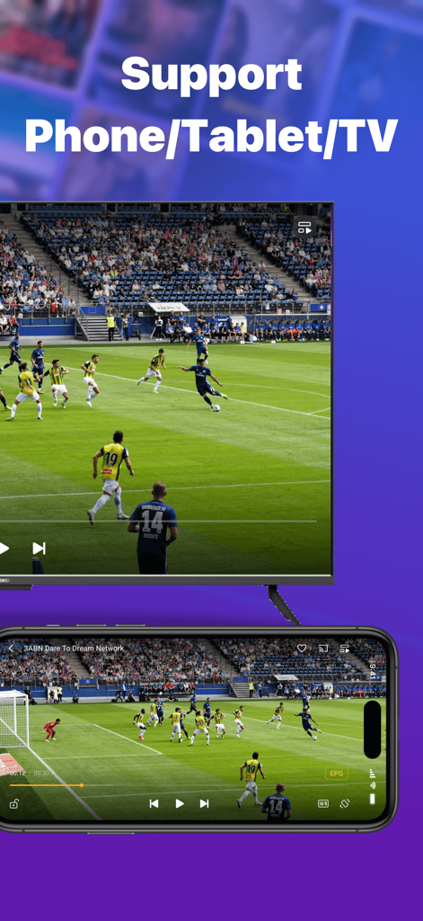 IPTV Stream Player – Live TV - IPTV stream player che mostra calcio in diretta su smartphone e televisore.