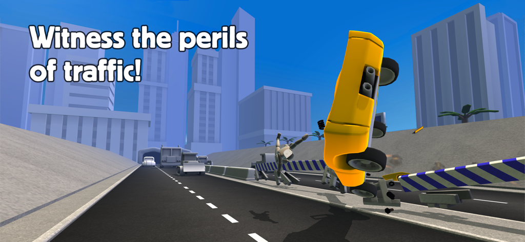 Turbo Dismount® - Un coche amarillo y un personaje ragdoll volando por los aires en una autopista de la ciudad en Turbo Dismount.