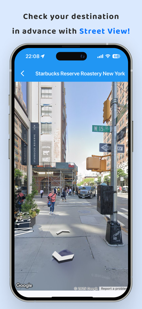 Visualização Street View de um destino em Nova York usando o aplicativo de navegação MyMap