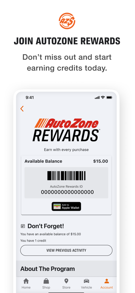AutoZone Auto Parts & Repair - AutoZone Rewards screen displaying available balance and membership barcode