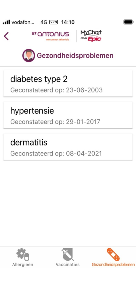 Mijn Antonius - Mobile app screen showing a list of medical conditions like diabetes and hypertension in the Mijn Antonius portal