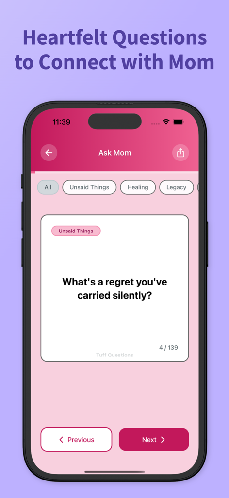 Tuff Questions - Couple Game - El mazo 'Pregúntale a Mamá' en la aplicación Tuff Questions mostrando una tarjeta de pregunta sincera para una conexión profunda.