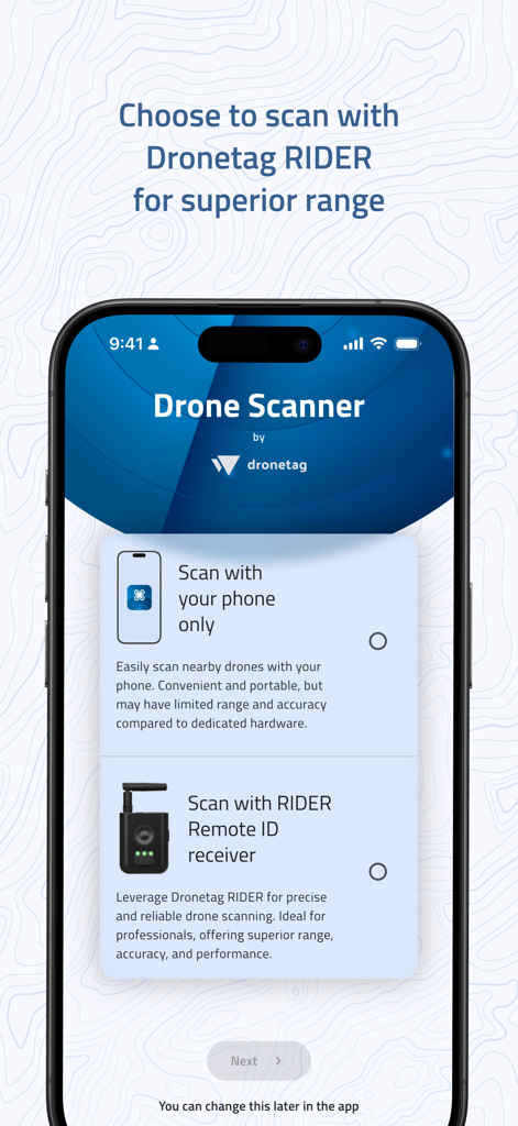 Drone Scanner (gen.2) - Selection screen in the Drone Scanner app showing options to scan with a mobile phone or the Dronetag RIDER receiver for superior range.
