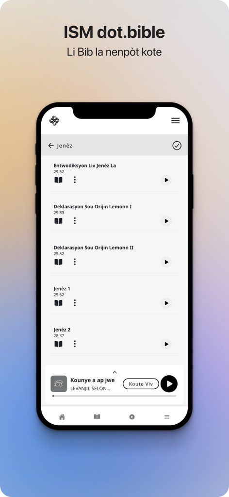 dot.Bible Kreyòl Ayisyen - A list of Genesis chapters in Haitian Creole with audio playback buttons and a player interface in the dot.Bible app.