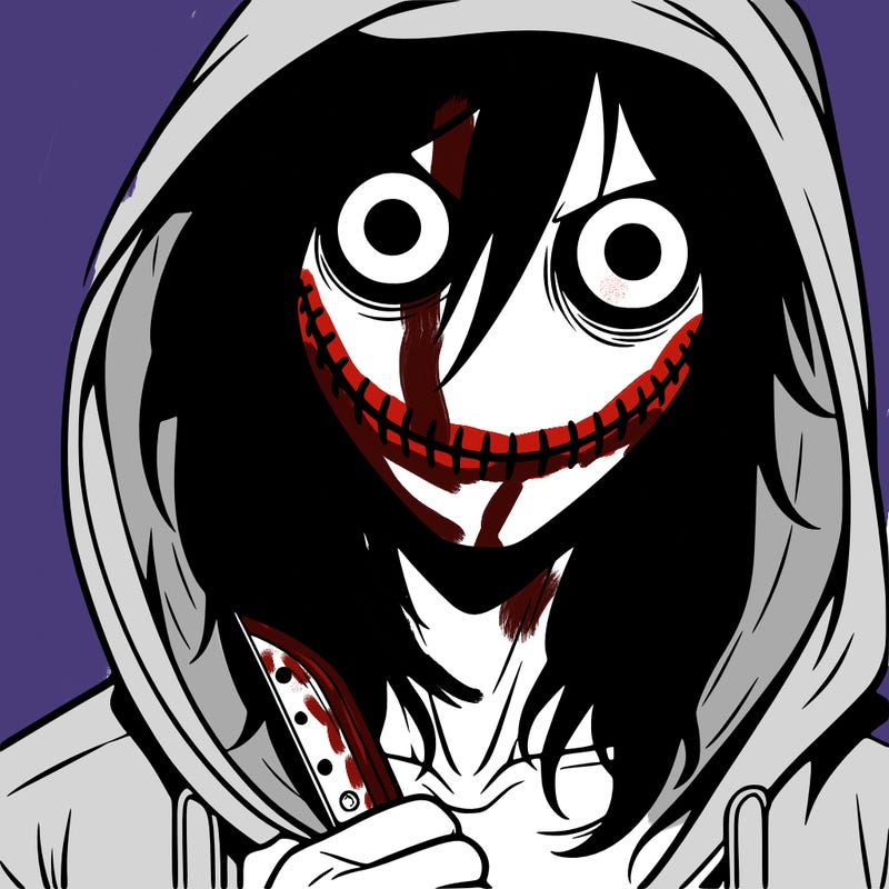 a man with long hair, a hoodie, a knife, a carved smile, and blood shot blue eyes