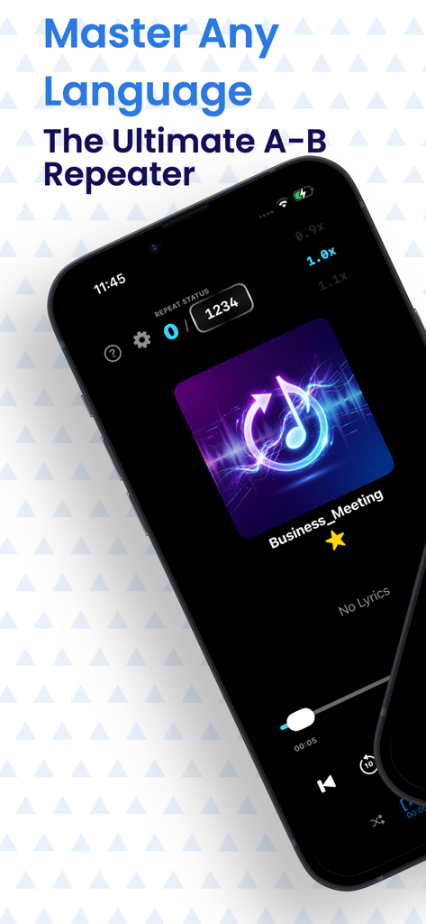 AB Repeater-  mp3 Music player - AB Repeater app interface on iPhone for language learning and audio practice