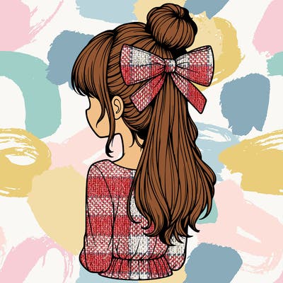 realistic girl  with hip length hair a bun and a big bow on the back of head