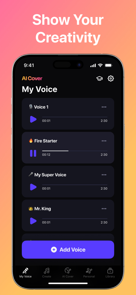 AI Musicアプリのインターフェース。保存されたトラックのリストと「ボイスを追加」ボタンが表示された「マイボイス」ライブラリが表示されています。
