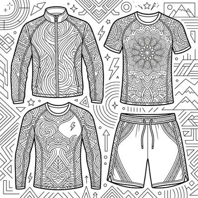 Dive into a world of intricate designs with this men's activewear adult coloring page, perfect for mindful relaxation. Featuring stylish athletic gear adorned with complex patterns, it offers hours of engaging and stress-relieving creativity.