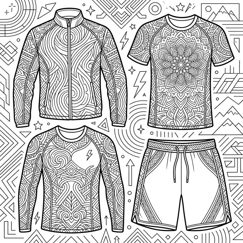 Dive into a world of intricate designs with this men's activewear adult coloring page, perfect for mindful relaxation. Featuring stylish athletic gear adorned with complex patterns, it offers hours of engaging and stress-relieving creativity.