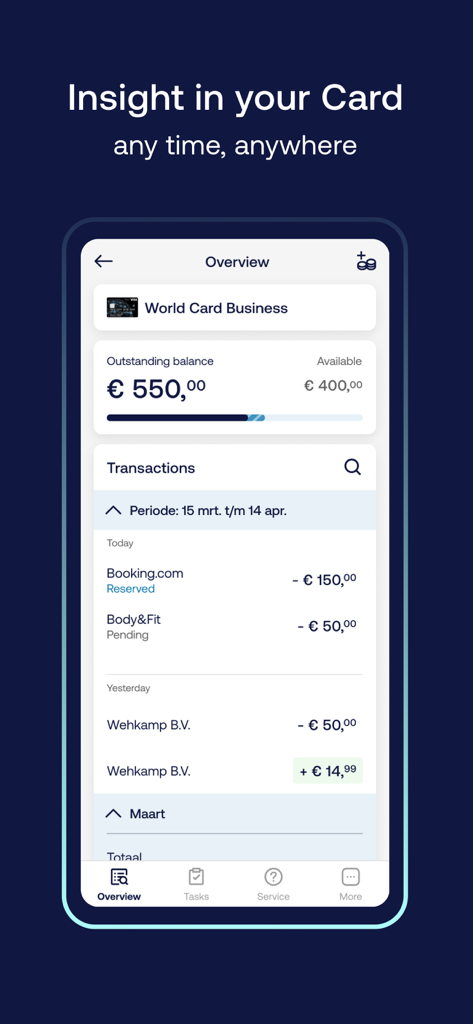 ICS Business - ICS Business app overview screen displaying outstanding balance and recent transactions