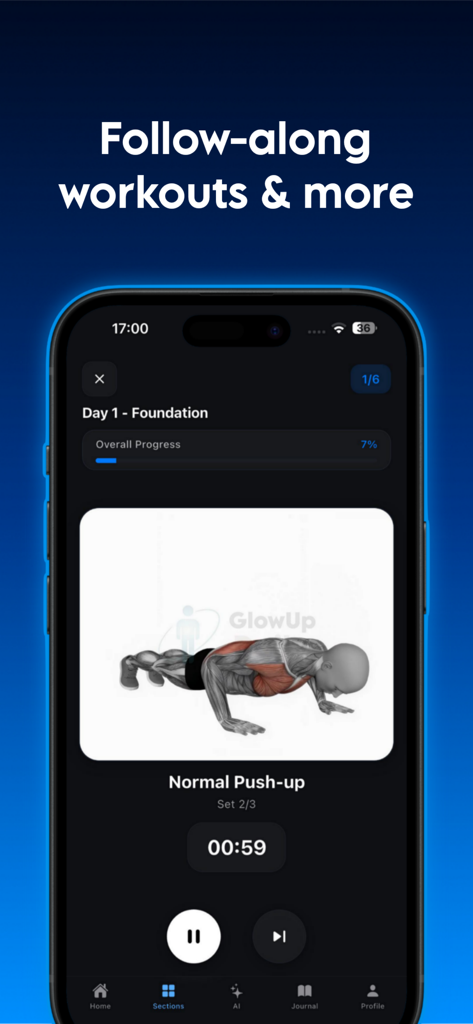 GlowUp Daily: Improve Yourself - Una interfaz de aplicación móvil que muestra un ejercicio de flexiones de seguimiento con un temporizador y una barra de progreso.