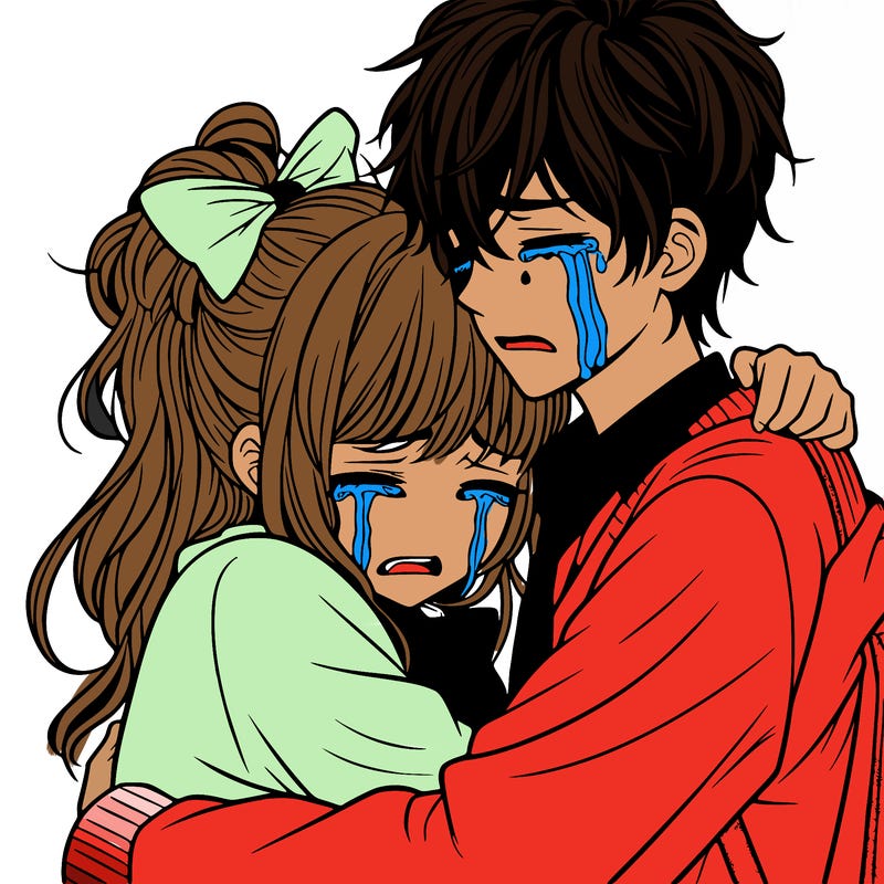 teenage manga girl hugging boy crying