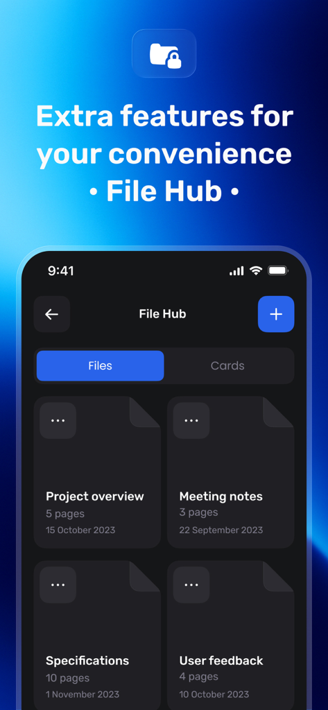 HiddenShelter VPN mobile app File Hub interface showing secure digital document storage
