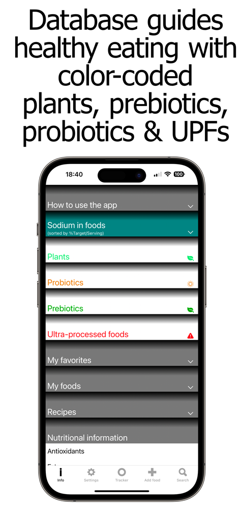 Smartphone screen showing the Sodium Counter and Tracker app database with color-coded categories for plants, probiotics, prebiotics, and ultra-processed foods.