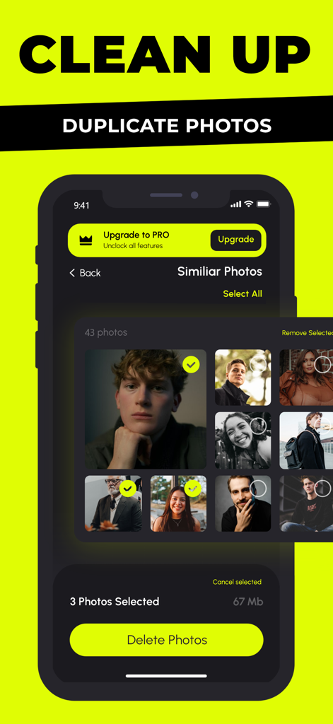 Clean AI - Phone Cleaner - Interface de l'application Clean AI affichant une galerie de photos similaires avec une sélection à supprimer pour libérer de l'espace de stockage du téléphone.