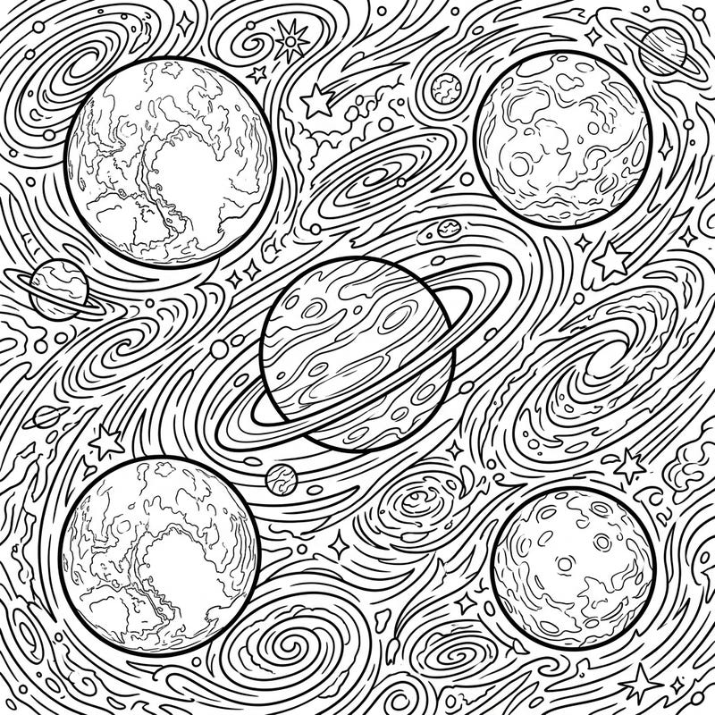 Journey into the vastness of space with this detailed coloring page showcasing an array of dwarf planets. Dive into an intricate cosmos filled with swirling nebulae and shimmering stars, offering hours of creative exploration.
