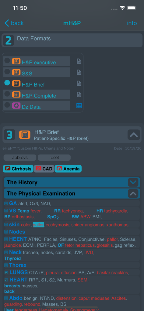 eH&P™ - eH&Pアプリインターフェース、カラーコーディングされた医学的所見が表示された身体診察テンプレートを表示