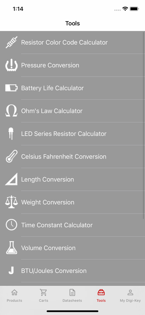 A list of electronics and engineering calculators in the DigiKey app including resistor color codes and Ohms Law