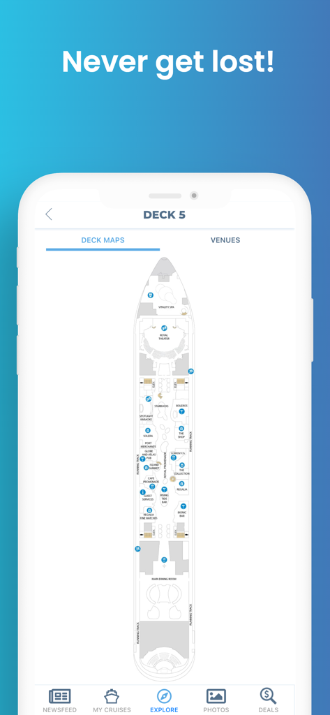 Shipmate: Plan & Track Cruises - A mobile screen showing a detailed cruise ship deck plan with the heading Never get lost