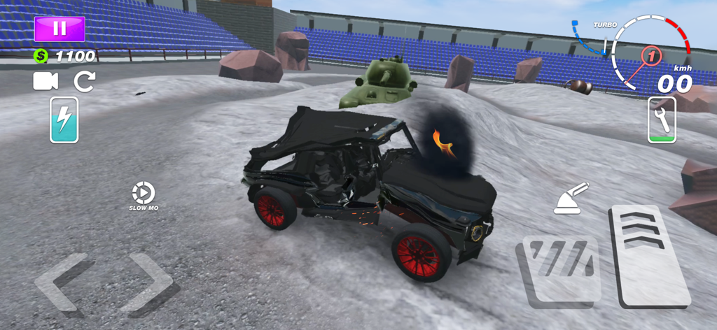 Car Crash — Battle Royale - A heavily damaged black car with smoke and flames in a destruction derby arena