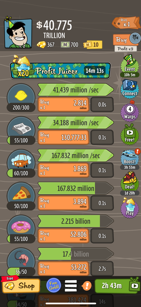In-game screenshot of AdVenture Capitalist showing business investments like lemonade stands and pizza delivery with earnings in trillions.