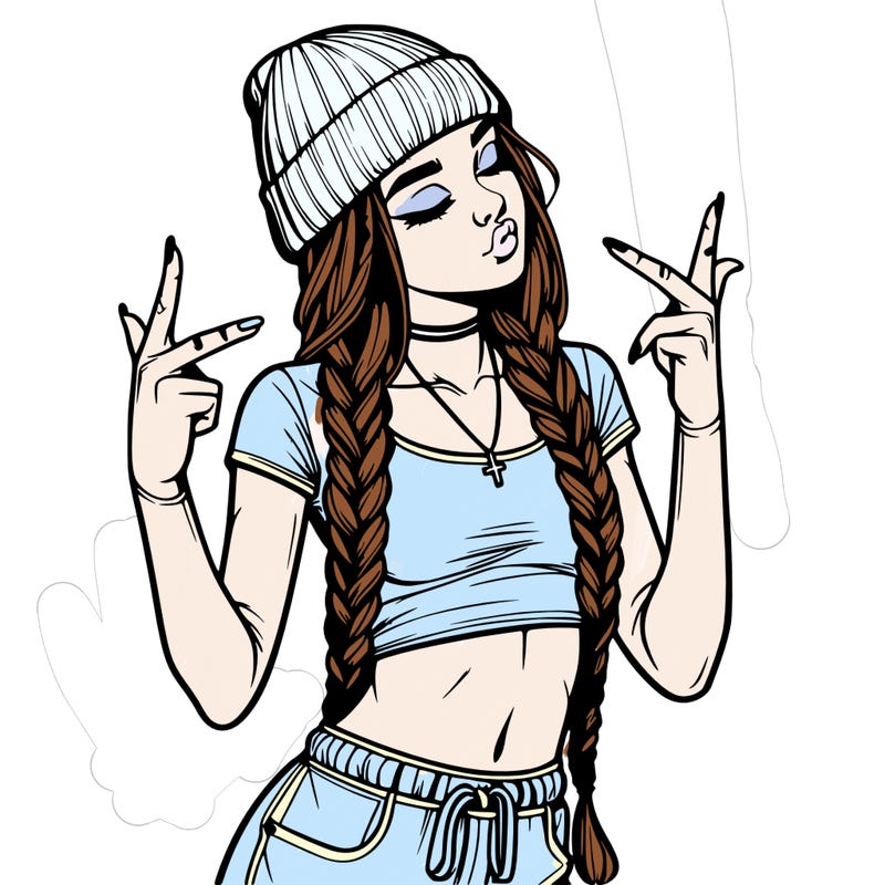 realistic teenage girl with braids and a beanie and crop top doing 🫶🏼