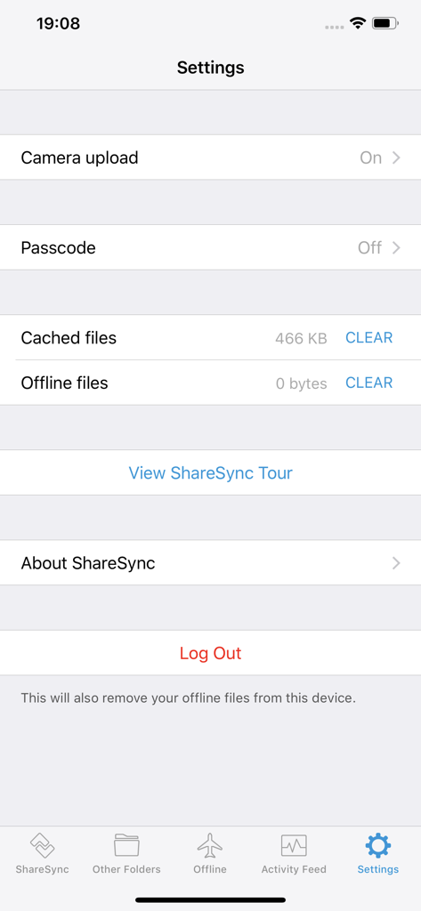 ShareSync mobile app settings page for managing security and offline files