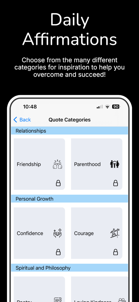Quote of the Day: Daily Wisdom - 友情、育児、自信などの引用カテゴリを表示するモバイルアプリのインターフェース。毎日のアファメーション用。