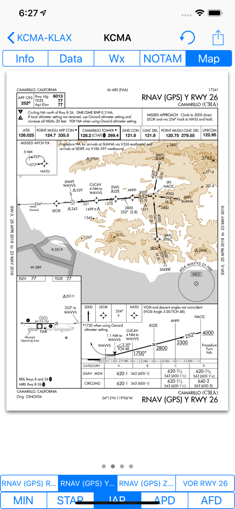 Airmate - Airmate app displaying an FAA RNAV GPS instrument approach chart for Camarillo California airport