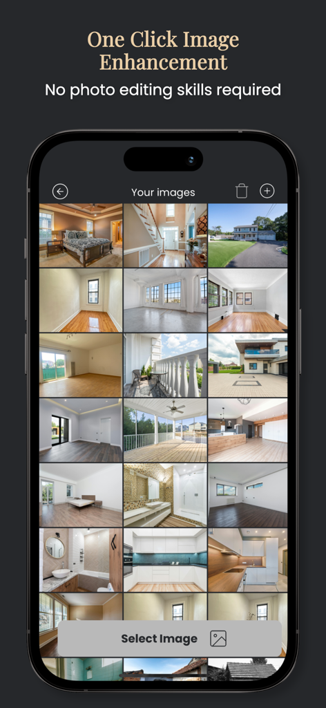A smartphone displaying a gallery of real estate photos for one-click enhancement in the Stager AI app.