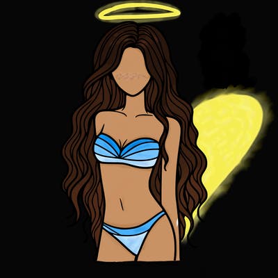 realistic girl with bikini with long wavy hair