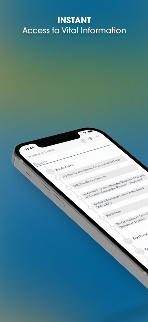 A smartphone showing the bookmarks and notes screen of the Harrison's Manual of Medicine app with various medical entries