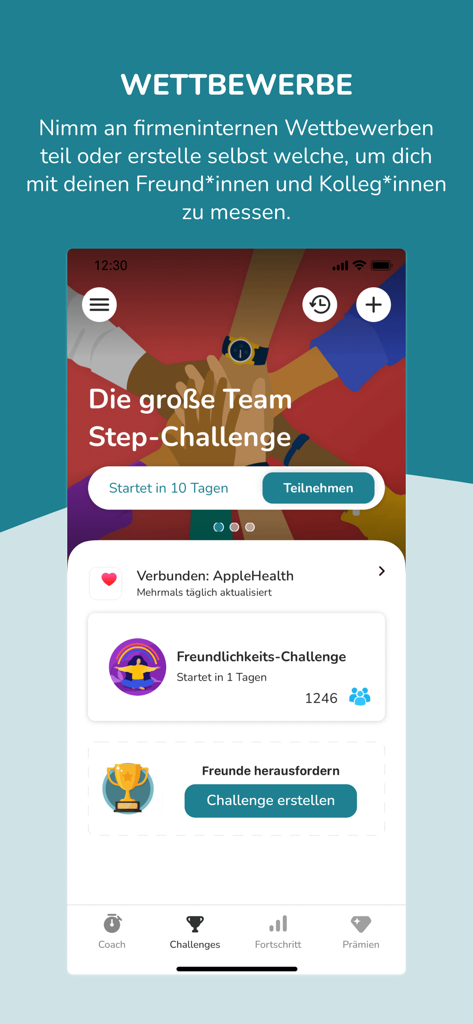 WorkLifePortal - WorkLifePortal app screen displaying corporate wellness team challenges and fitness tracking