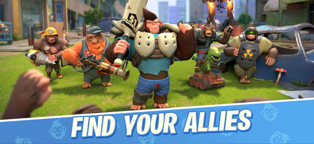 A group of diverse monkey warriors in protective gear standing together with Find Your Allies text.