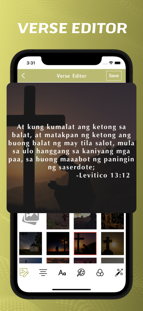 Tagalog Bible - offline - Interface do editor de versículos do aplicativo da Bíblia em Tagalo mostrando um versículo em Tagalo sobre um fundo de uma pessoa rezando ao lado de uma cruz.