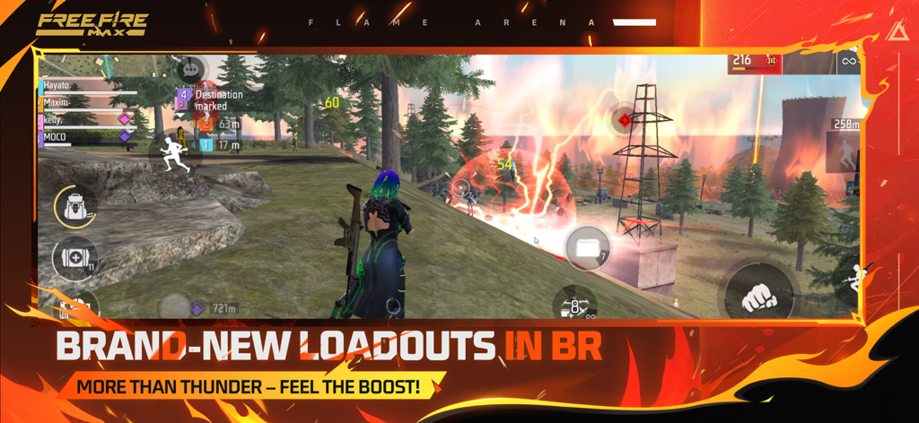 Gameplay de Free Fire MAX montrant de nouveaux équipements en mode Battle Royale avec des graphismes de haute qualité.