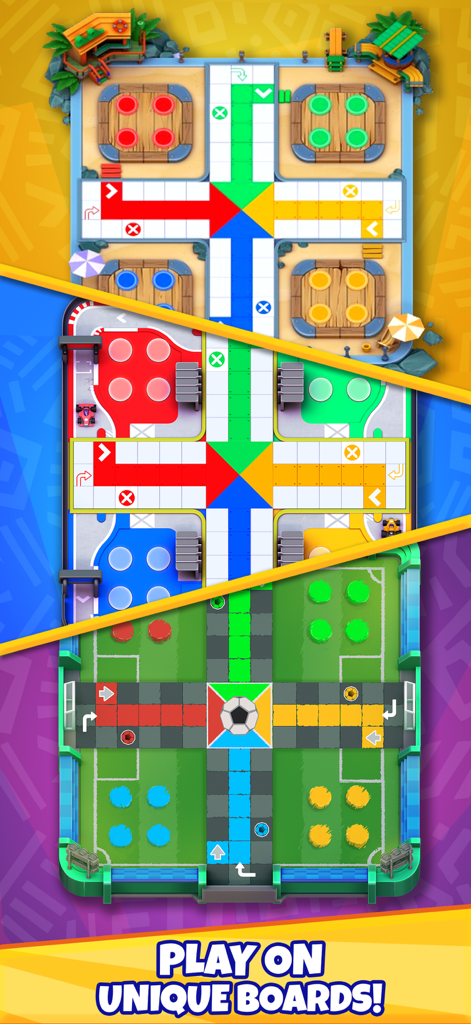 Three different themed Ludo game boards in Crazy Ludo including beach racing and soccer styles