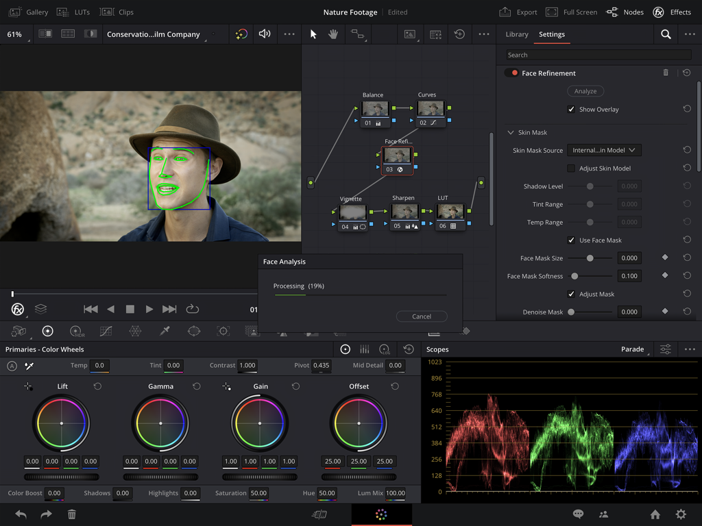 DaVinci Resolve for iPad - DaVinci Resolve for iPad professional color grading interface showing AI face refinement tool and color wheels