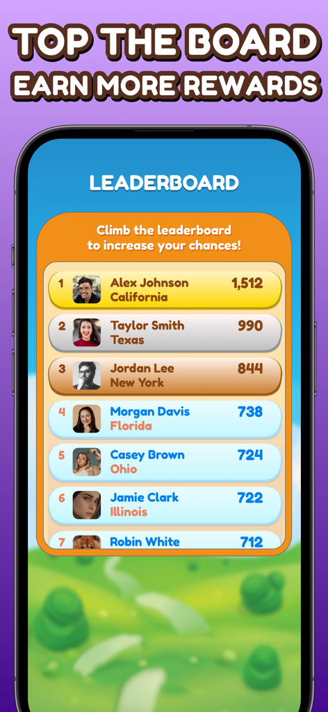 A leaderboard in the Coinnect app showing top players and their scores competing for real money rewards.