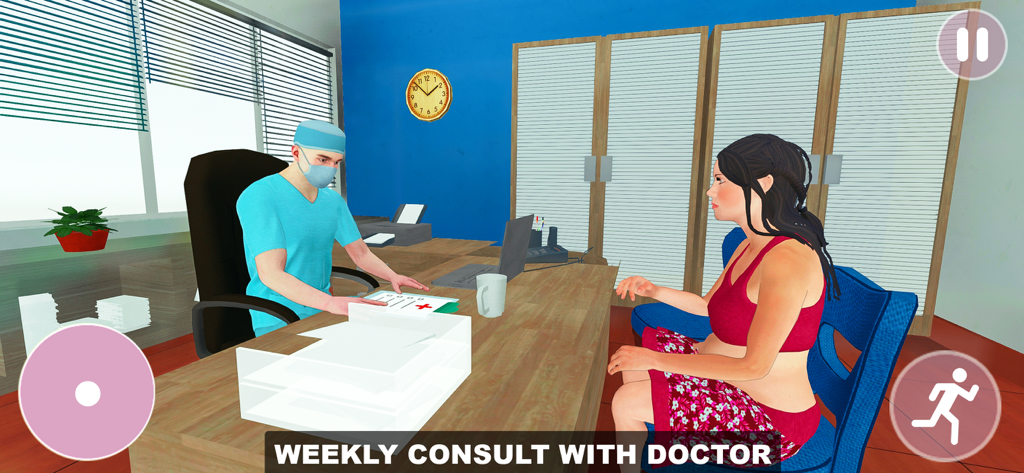 A virtual pregnant woman sitting in a medical office for a weekly consultation with a doctor
