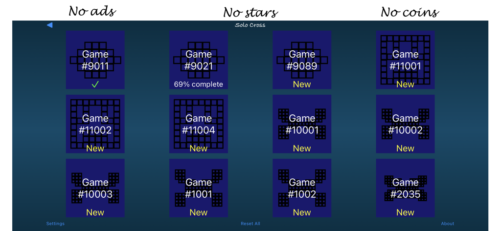 Solo Cross game menu showing a grid of crossword puzzles without ads or coins
