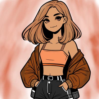 a realistic girl with a crop top and short shorts in an open jacket