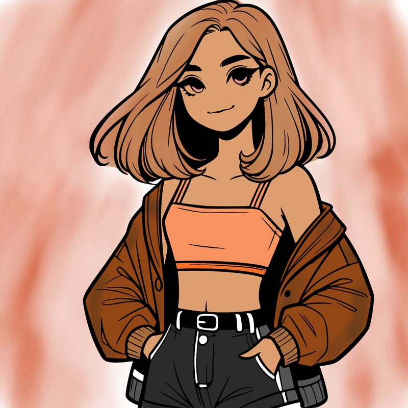 a realistic girl with a crop top and short shorts in an open jacket